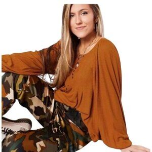 Free People peasant waffle knit Boho Mustard Button-Front bishop Sleeve top M